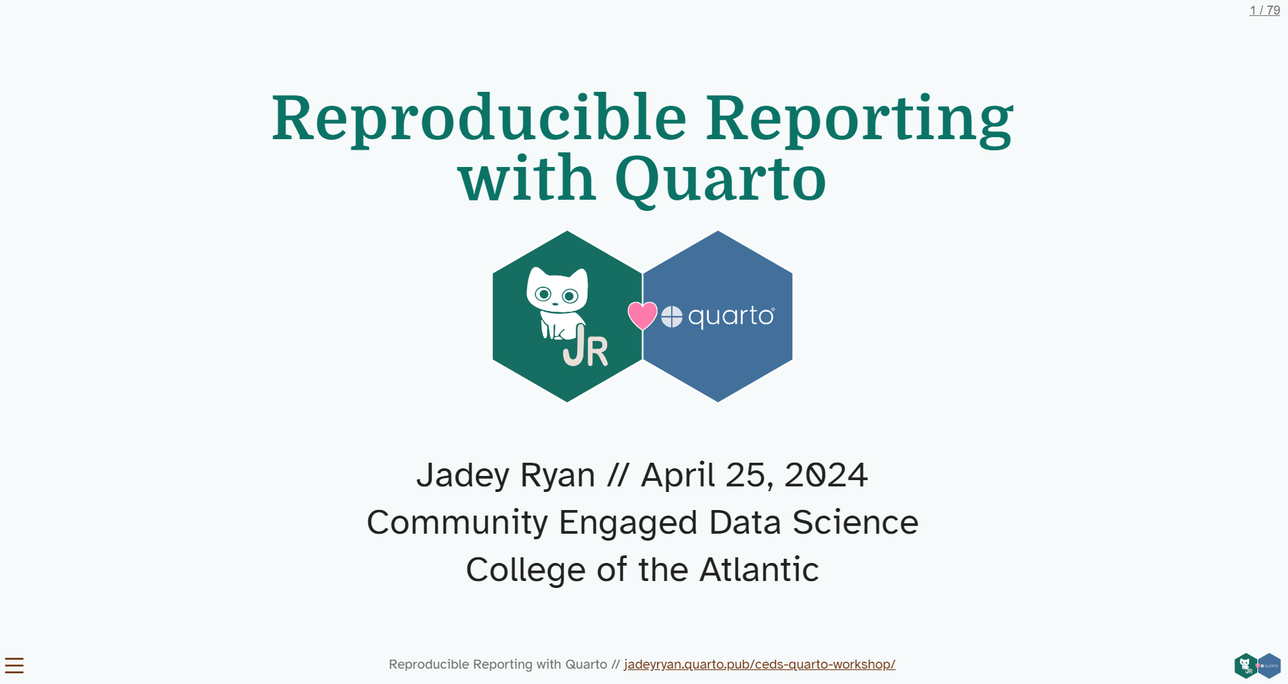 Screenshot of workshop slides built with Quarto and revealjs