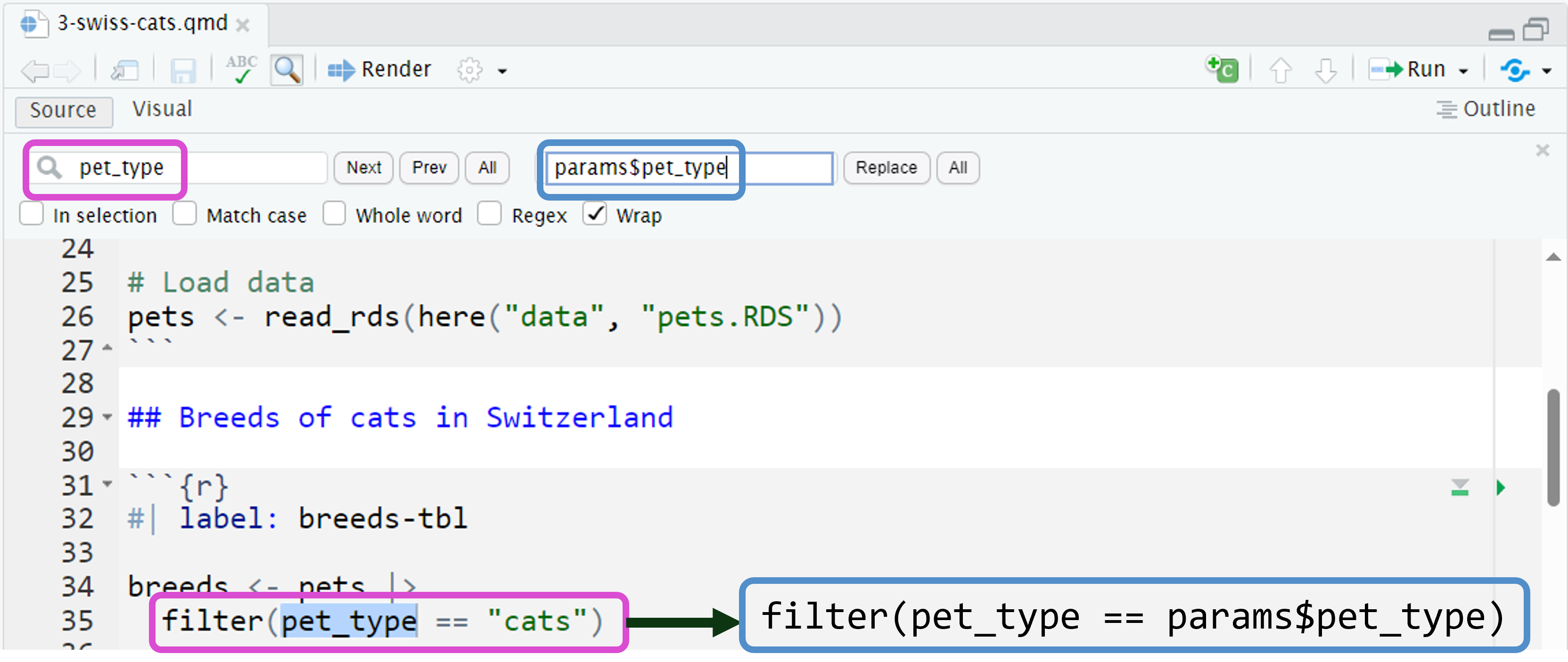 Find and replace toolbar with "pet_type in the Search field highlighted by a purple box and "params$pet_type in the Replace field highlighted by a blue box. The .qmd file shows a filter statement with the "pet_type highlighted by RStudio as a match for the Find tool. This filter statement is highlighted by a purple box with an arrow pointing to a blue box that has the filter statement with the hard-coded "cats string replaced with "params$pet_type.