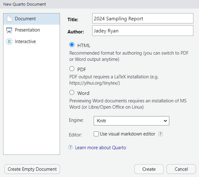Pop up menu for creating a new document. The title field shows that we entered "2024 Sampling Report" and the author field shows the name "Jadey Ryan". HTML format is selected via the radio button.