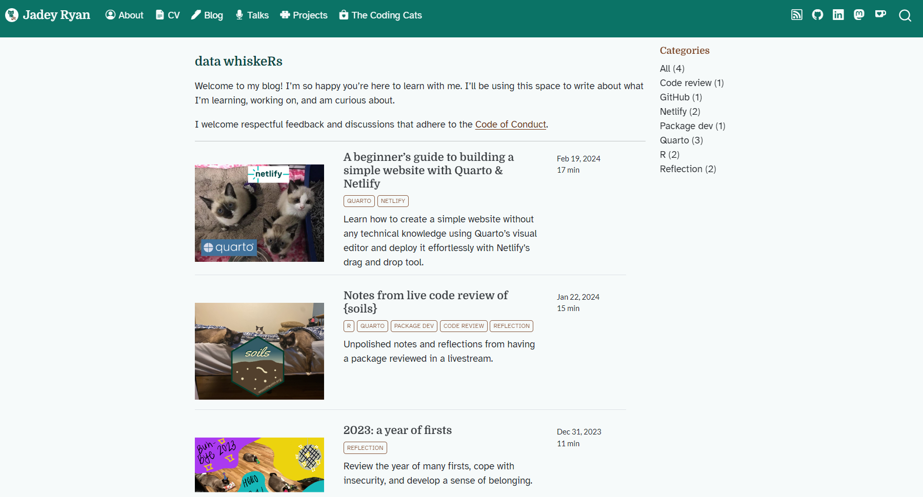 Screenshot of my personal blog built with Quarto