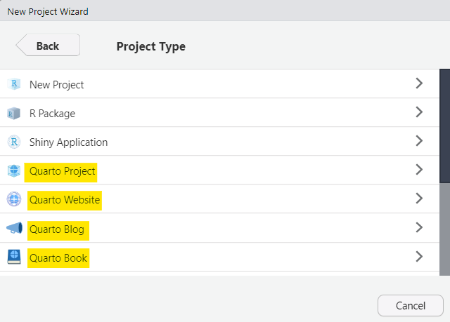 Pop up menu for creating a new project in a new directory. A list of Project Types are presented with Quarto Project, Quarto Website, Quarto Blog, and Quarto Book highlighted.