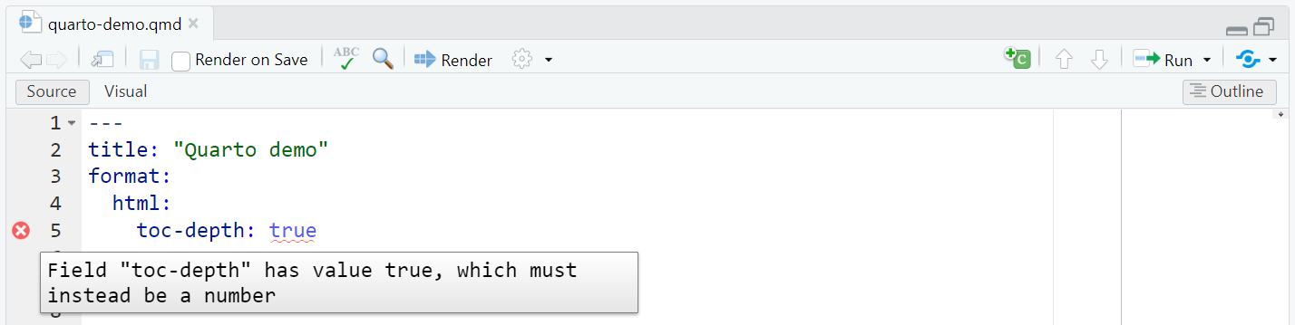 Quarto document YAML metadata with an incorrect option underlined in red.
