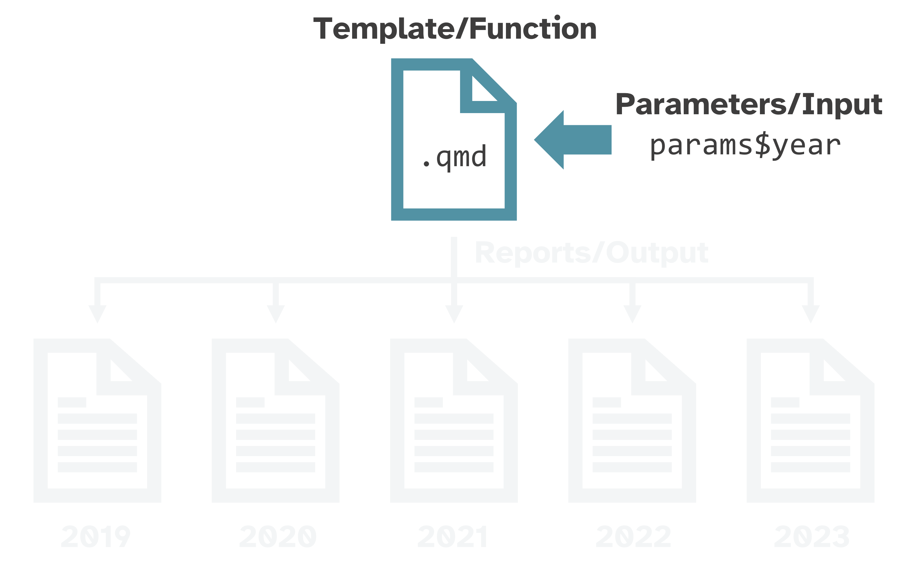 An arrow points from 'Input' with 'params$year' to the previous image with 'Function' and '.qmd' file.
